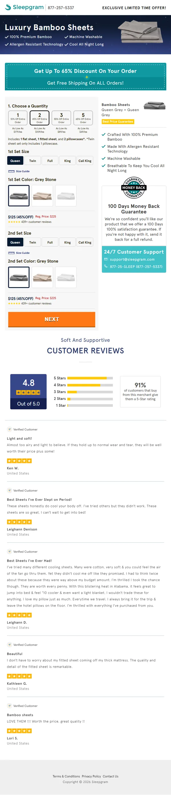 Full Sleepgram official checkout page showing quantity, size, color selection and order summary