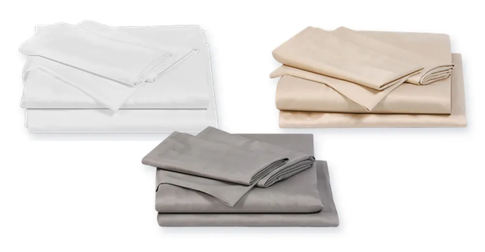 Sleepgram Sateen Bamboo Sheets sets in Cloud White, Sand and Grey Stone